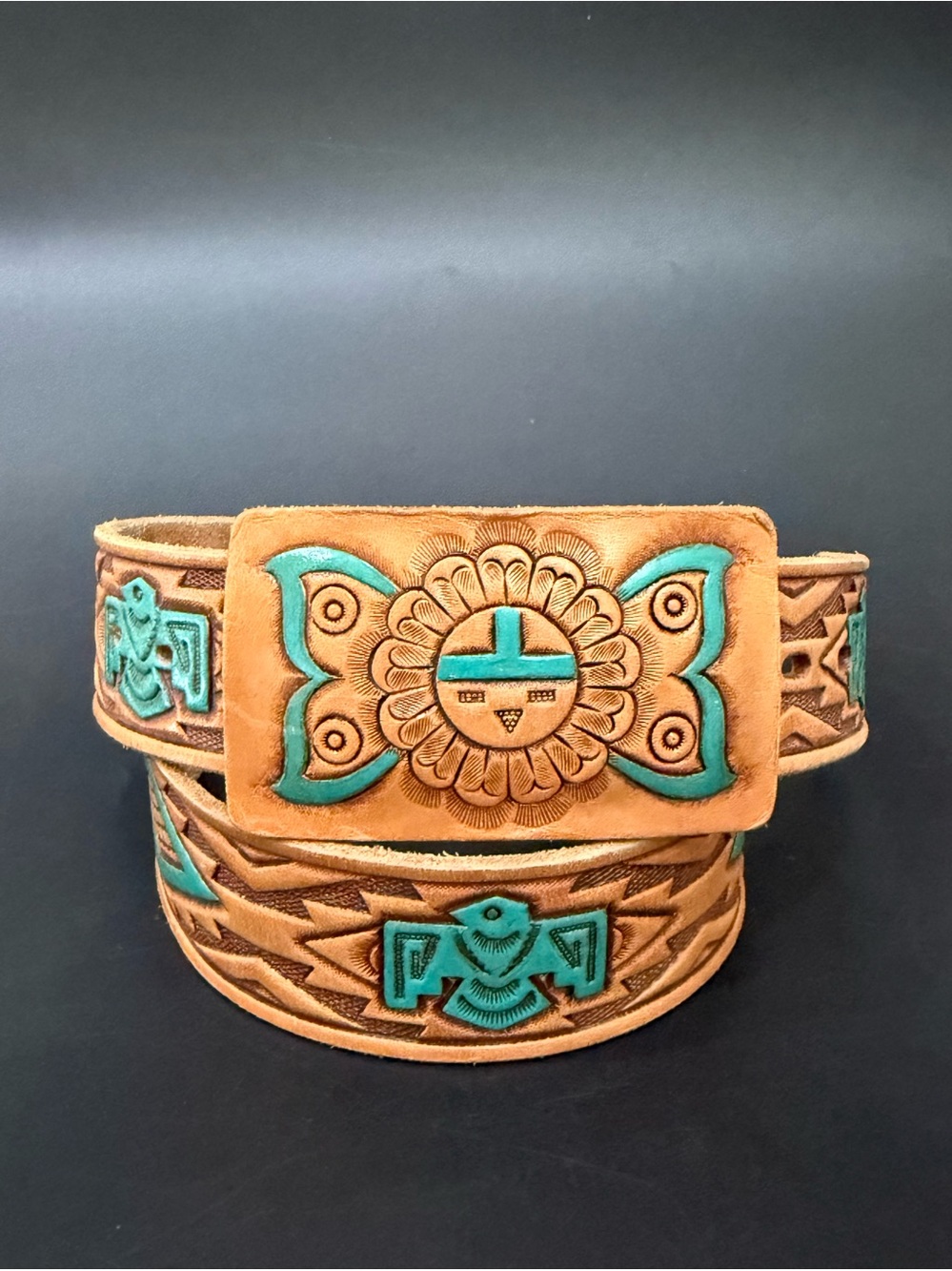 Vintage CHAMBERS Phoenix Brown/ Teal Tooled Leather Southwestern Buckle Belt 30